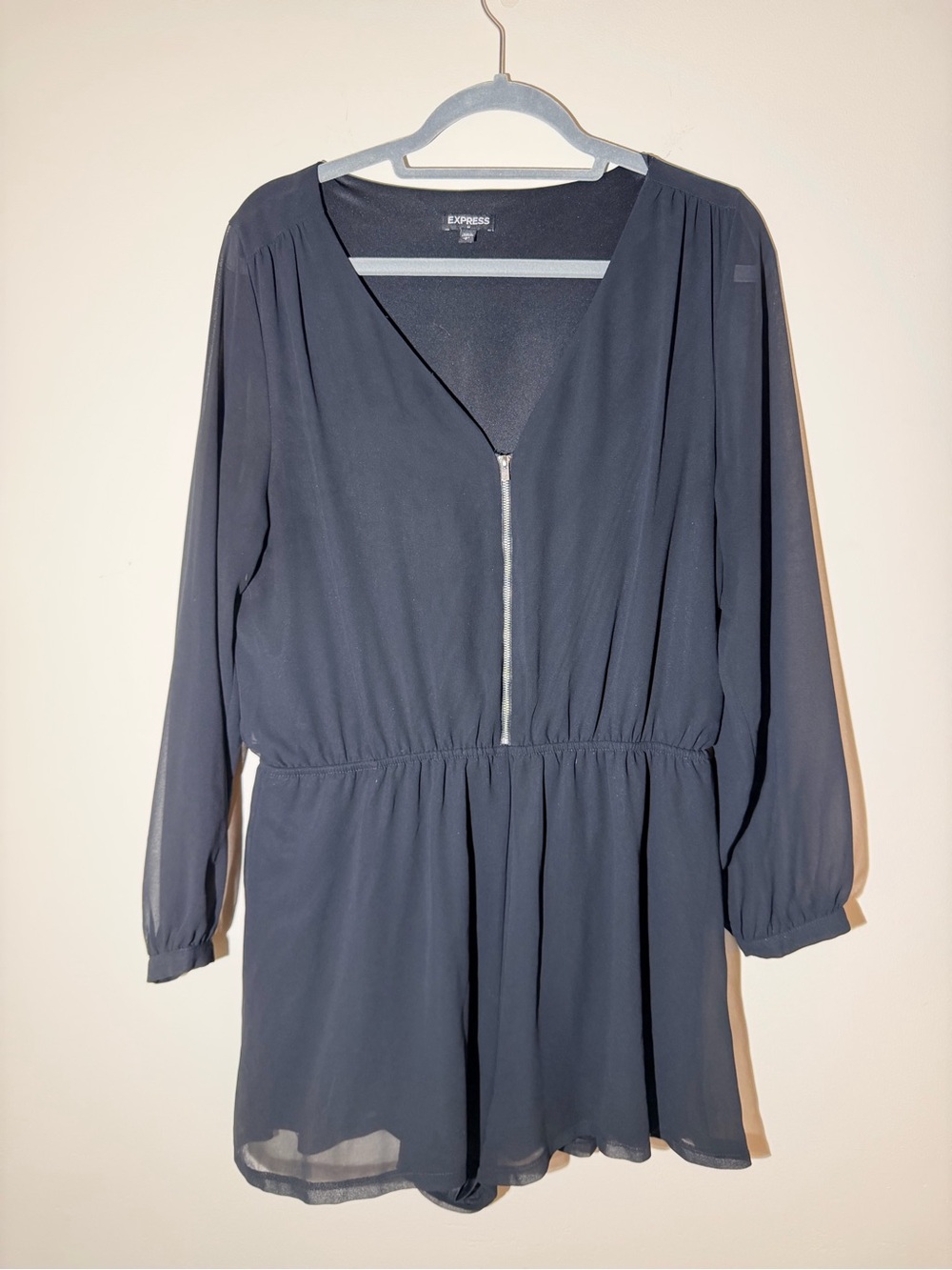 Express Black Long-Sleeve V-Neck Romper Romper with with Front Zip Detail